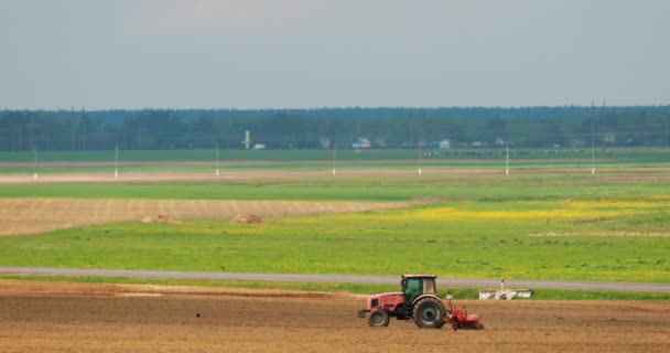 Traktorové orné pole v teplé jarní sezóně. Začátek zemědělské jarní sezóny. Kultivátor tažený traktorem na venkově Venkovské pole Krajina pod jasným slunečným jarní modré nebe. Skyline — Stock video