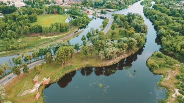 Dobrush, Gomel Region, Belarus. Pemandangan dari Pabrik Kertas Tua dan Modern. Historical Heritage In Birds-eye View — Stok Video