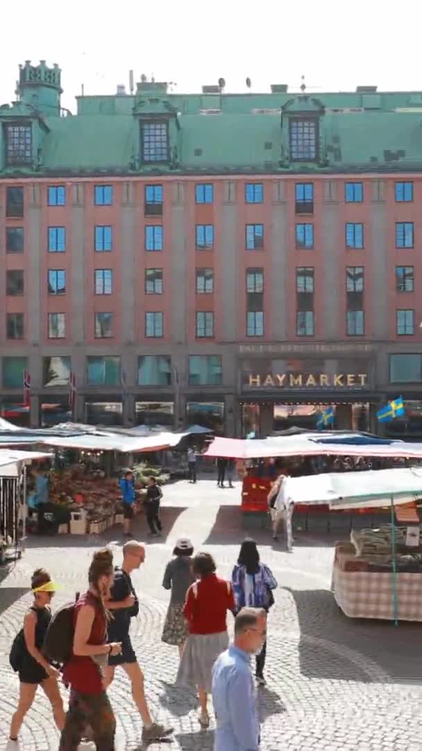 Stockholm, Sweden - June 28, 2019: People Visiting local Hay Market Hotorget. Vertical, Vertical Shot, Vertical Video — Stock Video
