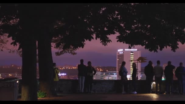 Tallin, Estonia - 2 de julio de 2019: Personas que visitan Kohtuotsa Viewing Platform. Paisaje urbano Skyline en la noche de verano. Vista desde el mirador de Patkuli — Vídeos de Stock