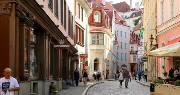 Tallinn, Estonie - Le 2 juillet 2019 : Des touristes marchent dans la rue Pikk dans la vieille ville en été — Video