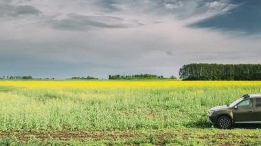 Gomel, Belarus - 11 Mayıs 2019 Renault Duster SUv Bahar Tecavüzü Tarlası Kırsal Arazisi. Duster, Fransız üretici Renault ve Romen yan kuruluşu Dacia tarafından ortaklaşa üretildi.