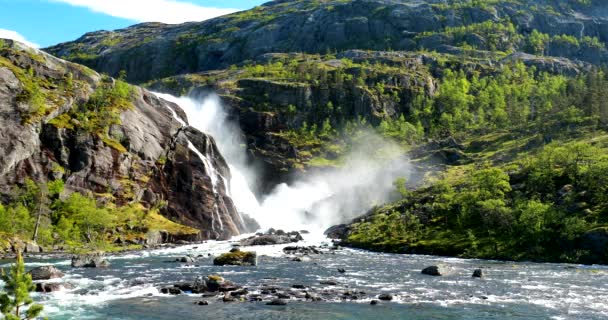 Kinsarvik, Hordaland, Νορβηγία. Καταρράκτης Nykkjesoyfossen στο οροπέδιο Hardangervidda. Άνοιξη Ηλιόλουστη μέρα. Ύψος 49 μ. Διάσημη νορβηγική Landmark και δημοφιλής προορισμός — Αρχείο Βίντεο