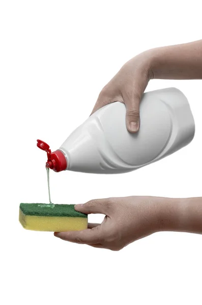 Hand Håller Flaska Med Spillande Diskmedel Den Andra Handen Håller — Stockfoto