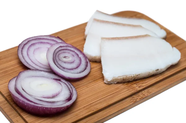 Lard Onion Arranged Board Isolated White Background — Stock Photo, Image