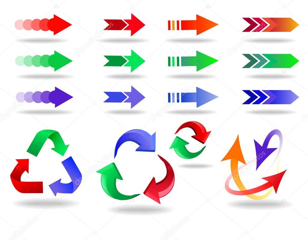 Arrow icons set. colorful arrows with shadow.