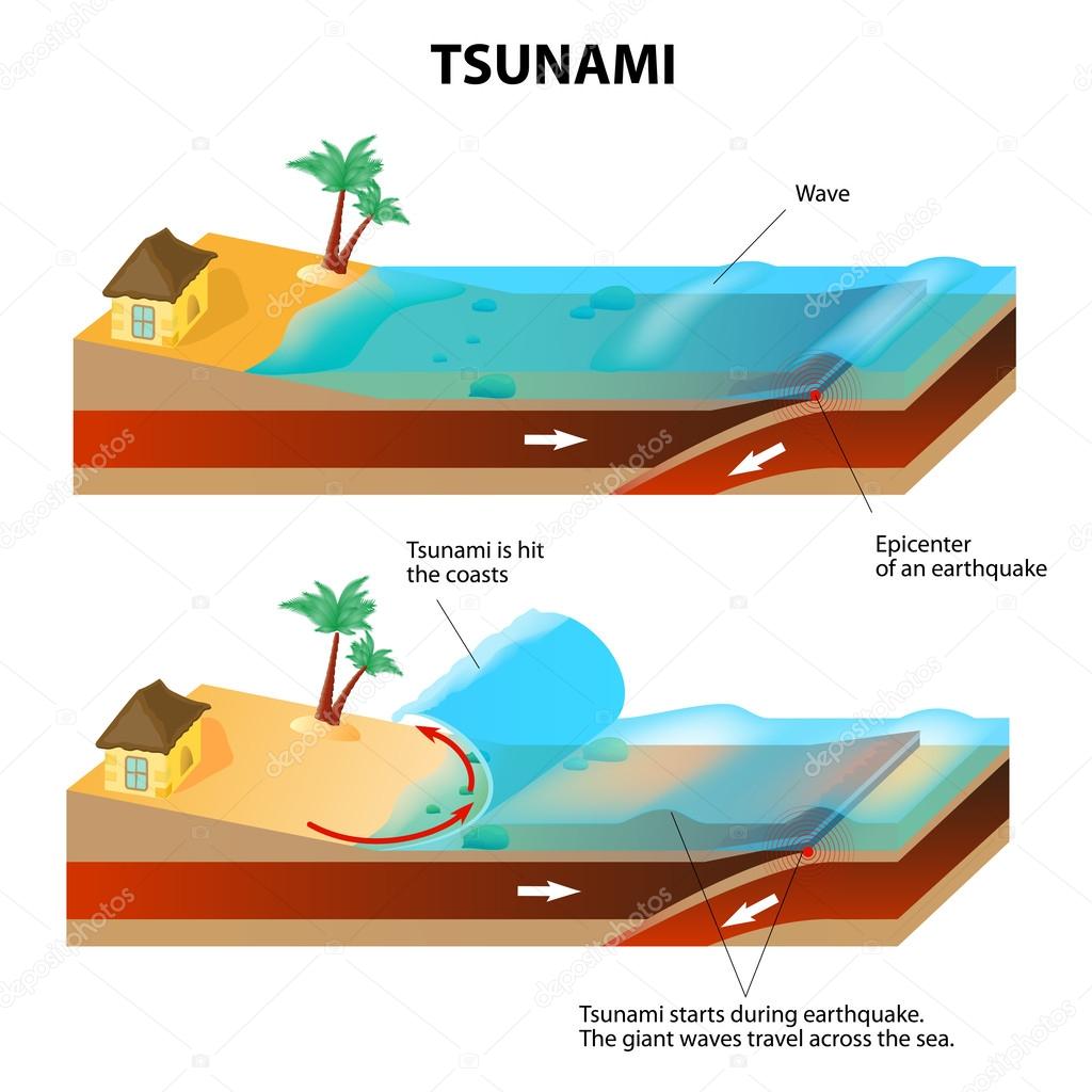 Tsunami and Earthquake. Vector illustration