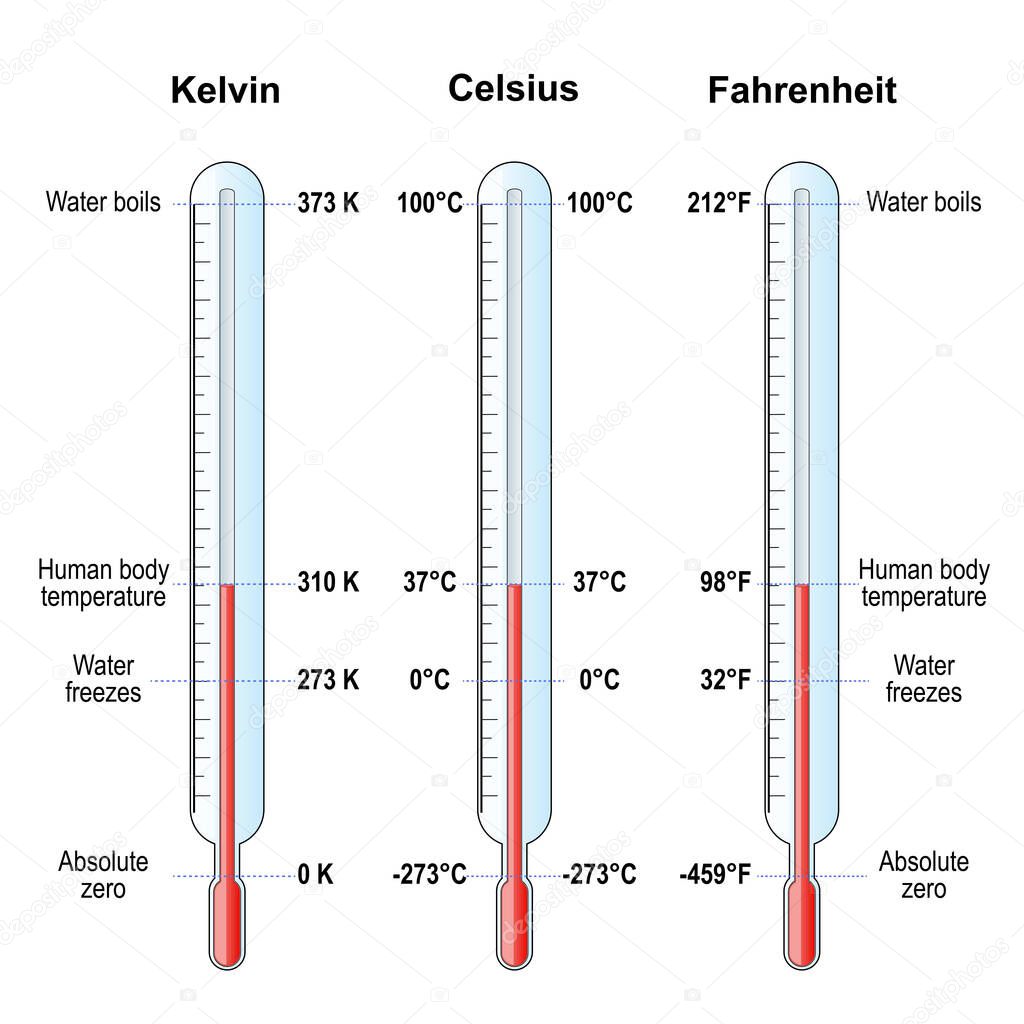 temperature scales. Celsius, Fahrenheit and Kelvin thermometers. comparison and difference. vector illustration