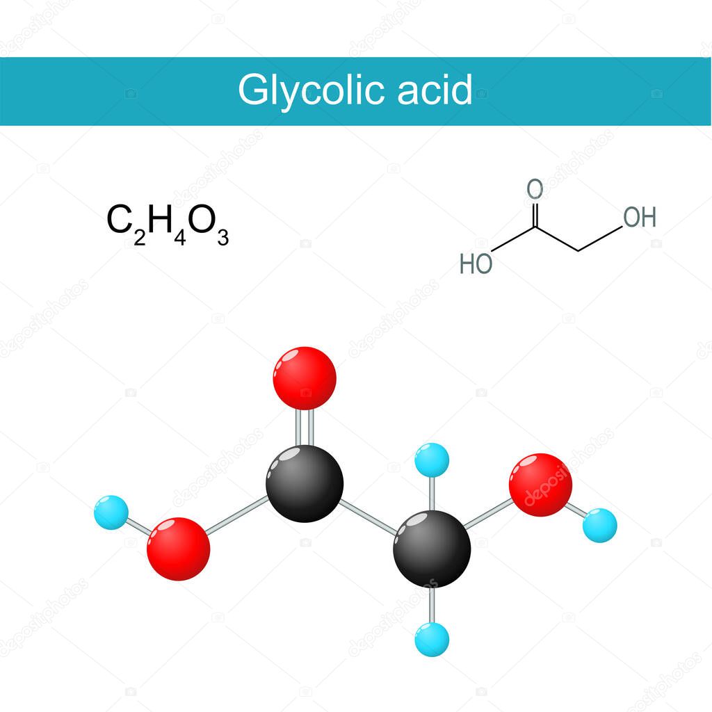 Glycolic acid molecular formula. Chemical structural formula and model of a hydroxyacetic acid. hydroacetic acid. It is used in various skin-care products. Vector illustration