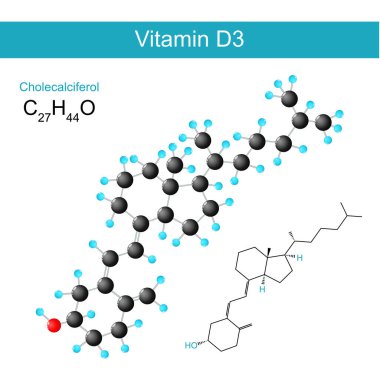 D3 vitamini. Kolekalciferol moleküler kimyasal yapısal formül ve D vitamini illüstrasyonu modeli.