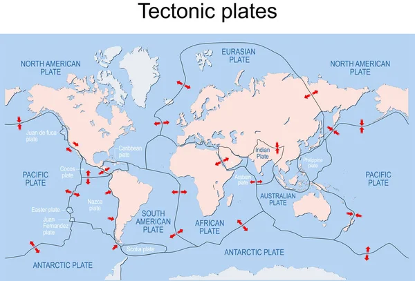 Karta Över Jordens Främsta Tektoniska Plattor Jordens Litosfär Större Och — Stock vektor