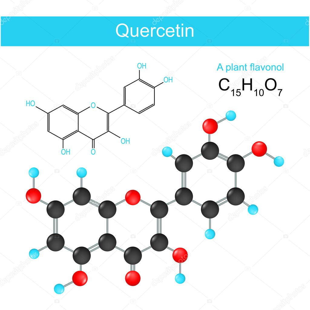 Quercetin. Structural chemical formula of A plant flavonol. Skeletal formula of a chemical substructure that stops oxidation by acting as a scavenger of free radicals. Vector illustration