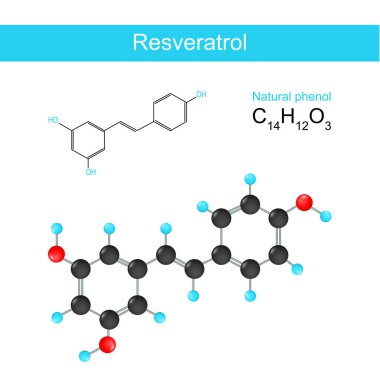 Resveratrol. Structural chemical formula of Resveratrol. Skeletal formula of a natural phenol. stilbenoid that improves lifespan. Vector illustration clipart