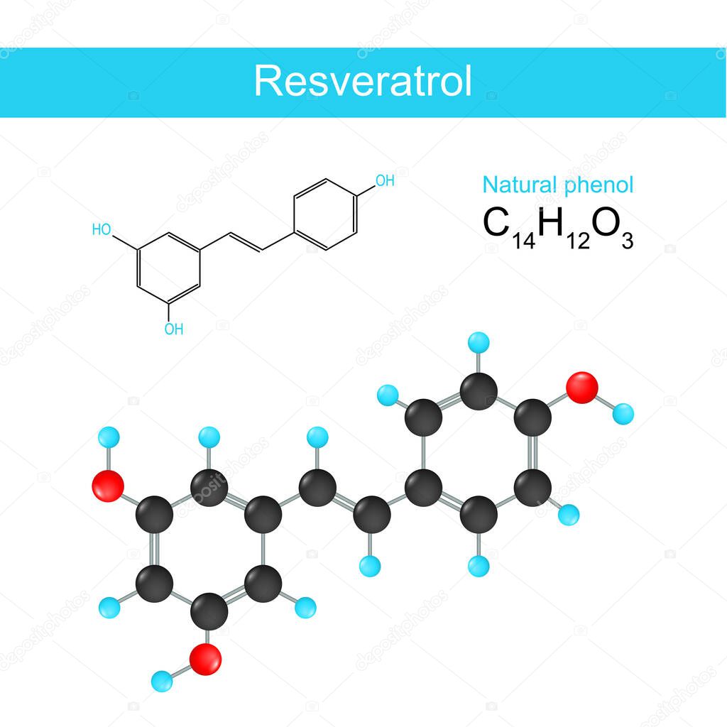 Resveratrol. Fórmula química estructural del Resveratrol. Fórmula