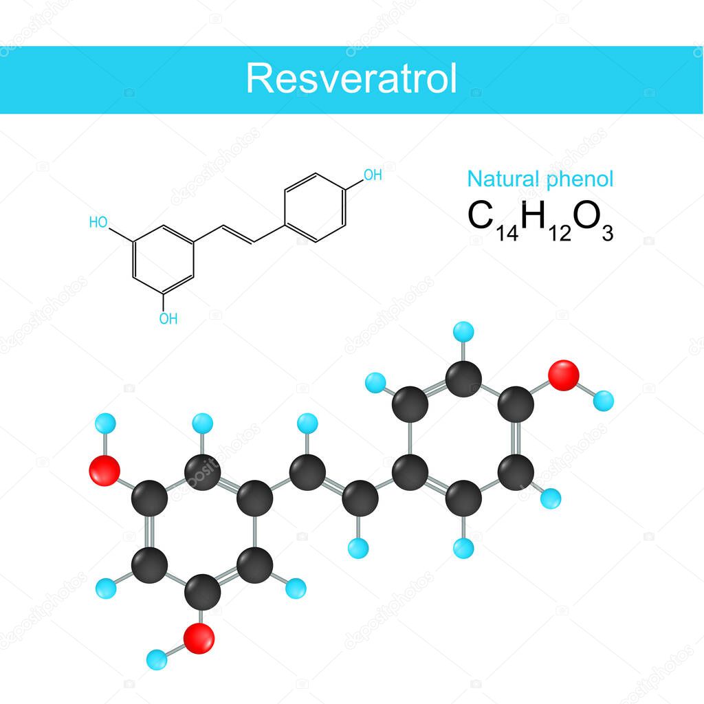 Resveratrol. Structural chemical formula of Resveratrol. Skeletal formula of a natural phenol. stilbenoid that improves lifespan. Vector illustration