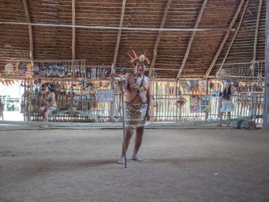 Iquitos, Peru- Mar 28, 2018: Indian from Bora tribe in his local costume