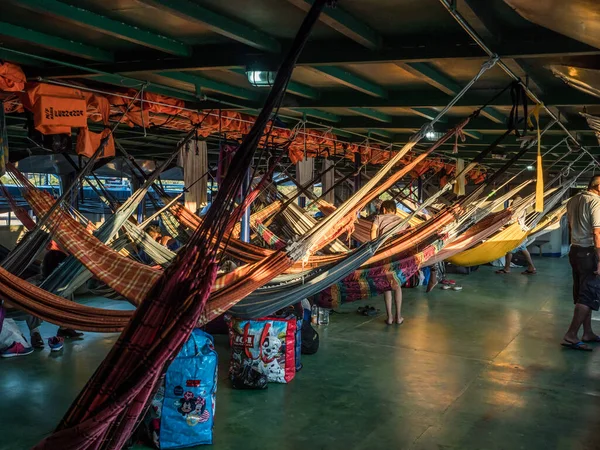 Amazon River Peru March 2018 Beautiful Colorful Hammocks Cargo Boat — Stockfoto