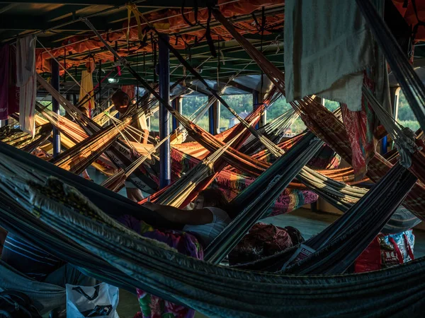 Amazon River Peru March 2018 Beautiful Colorful Hammocks Cargo Boat — Stock fotografie