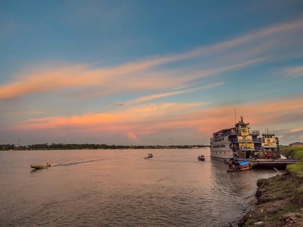 Santa Rosa Peru Mar 2018 Sunset Amazon River Cargo Boat — Stock Photo, Image