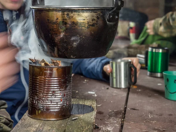 Cooking Meal Campfire Metal Vessels Canoeing Excursion Wieprza River — Stock Photo, Image