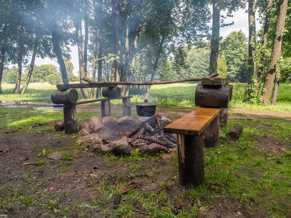 Cooking Meal Campfire Metal Vessels Canoeing Excursion Wieprza River — Zdjęcie stockowe