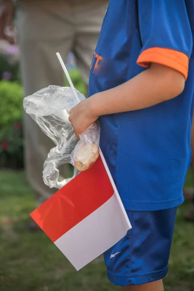 Child White Red Polish Flag Hand Celebration Anniversary Warsaw Uprising — Foto de Stock