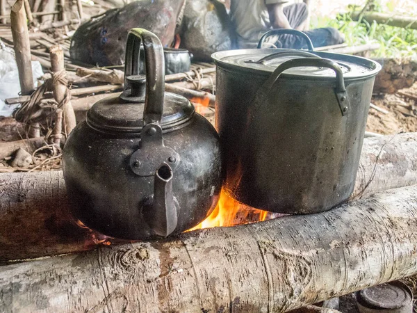 Bollitore Pentola Sul Camino All Interno Della Casa Legno Papua — Foto Stock