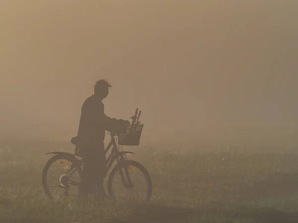 Silhouette Woman Bicycle Foggy Morning Bug River Podlasie Podlachia Poland — Foto Stock