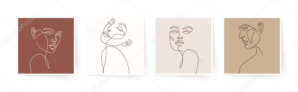 Set of stylized woman faces. Modern single line art. Woman beauty fashion concept, minimalistic style. Vector illustration, EPS 10.