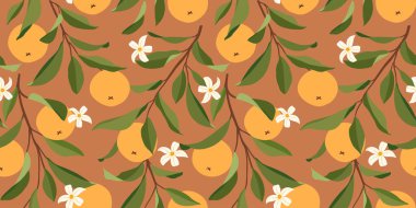 Portakallı kusursuz desen. Moda yaz geçmişi. Kumaş veya duvar kağıdı için parlak bir iz. Vektör illüstrasyonu, EPS 10.