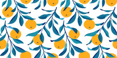 Portakallı kusursuz desen. Moda yaz geçmişi. Kumaş veya duvar kağıdı için parlak bir iz. Vektör illüstrasyonu, EPS 10.