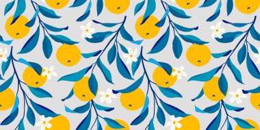 Portakallı kusursuz desen. Moda yaz geçmişi. Kumaş ya da duvar kağıdı için parlak bir iz. Vektör illüstrasyonu, EPS 10.