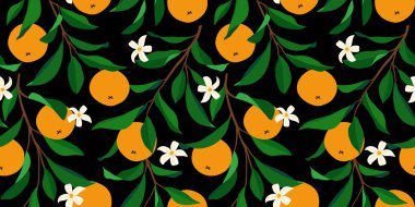 Portakallı kusursuz desen. Moda yaz geçmişi. Kumaş ya da duvar kağıdı için parlak bir iz. Vektör illüstrasyonu, EPS 10.