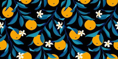 Portakallı kusursuz desen. Moda yaz geçmişi. Kumaş ya da duvar kağıdı için parlak bir iz. Vektör illüstrasyonu, EPS 10.