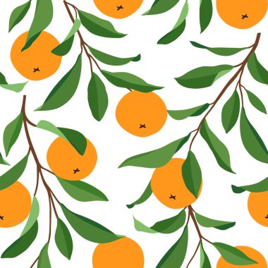 Portakallı kusursuz desen. Moda yaz geçmişi. Kumaş ya da duvar kağıdı için parlak bir iz. Vektör illüstrasyonu, EPS 10.