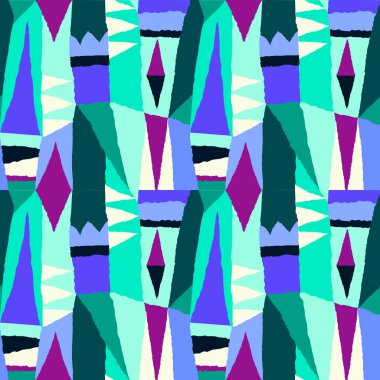 Kesilmiş elementlerle modern moda kolajı. Renkli soyut geometrik dikişsiz desen. Benzersiz tasarımın için el çizimi tasviri.