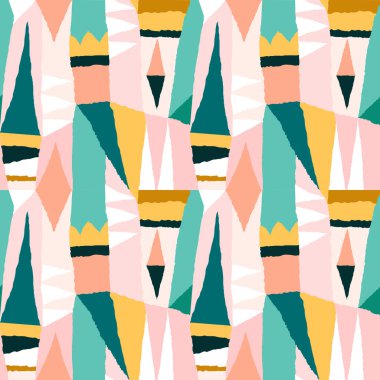 Kesilmiş elementlerle modern moda kolajı. Renkli soyut geometrik dikişsiz desen. Benzersiz tasarımın için el çizimi tasviri.