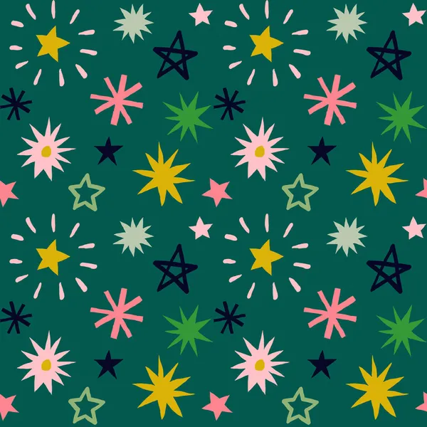 Płynny Wzór Wielokolorowe Ręcznie Rysowane Gwiazdy Kolorowe Abstrakcyjne Tło Fajerwerkami — Wektor stockowy