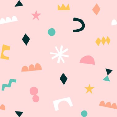 Kesilmiş elementlerle modern moda kolajı. El çizimi şekilli soyut bir arkaplan. Renkli geometrik dikişsiz desen. Çağdaş trend vektör illüstrasyonu.