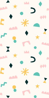 Kesilmiş elementlerle modern moda kolajı. El çizimi şekilli soyut bir arkaplan. Renkli geometrik dikişsiz desen. Çağdaş trend vektör illüstrasyonu.