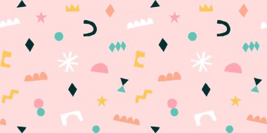 Kesilmiş elementlerle modern moda kolajı. El çizimi şekilli soyut bir arkaplan. Renkli geometrik dikişsiz desen. Çağdaş trend vektör illüstrasyonu.