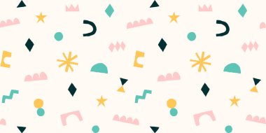 Kesilmiş elementlerle modern moda kolajı. El çizimi şekilli soyut bir arkaplan. Renkli geometrik dikişsiz desen. Çağdaş trend vektör illüstrasyonu.