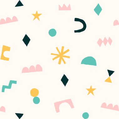 Kesilmiş elementlerle modern moda kolajı. El çizimi şekilli soyut bir arkaplan. Renkli geometrik dikişsiz desen. Çağdaş trend vektör illüstrasyonu.