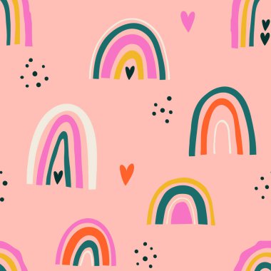 Elle çizilmiş gökkuşağı ile kusursuz desen. Renkli vektör illüstrasyonu.