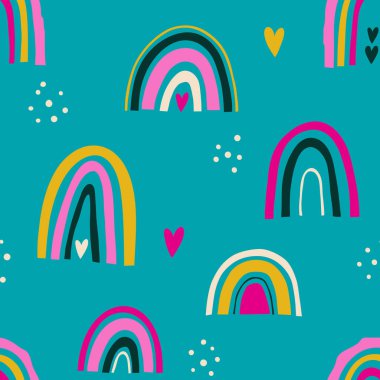 Elle çizilmiş gökkuşağı ile kusursuz desen. Renkli vektör illüstrasyonu.