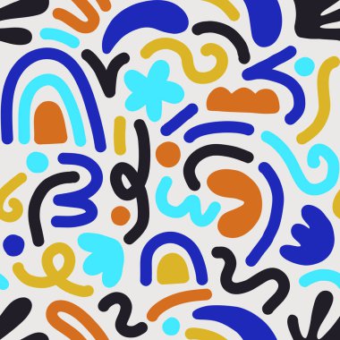 Çok renkli ve soyut şekilli el çizimi çağdaş sanat kolajı. Modern İskandinav kesim elementleriyle vektör kusursuz desen.