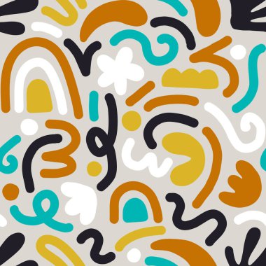 Çok renkli ve soyut şekilli el çizimi çağdaş sanat kolajı. Modern İskandinav kesim elementleriyle vektör kusursuz desen.