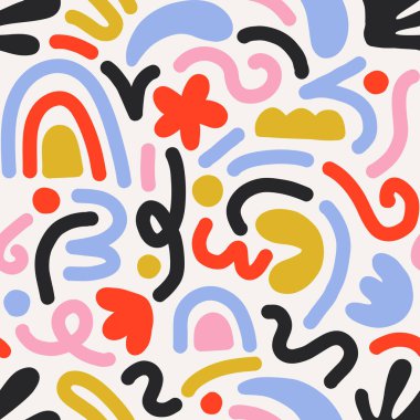 Çok renkli ve soyut şekilli el çizimi çağdaş sanat kolajı. Modern İskandinav kesim elementleriyle vektör kusursuz desen.