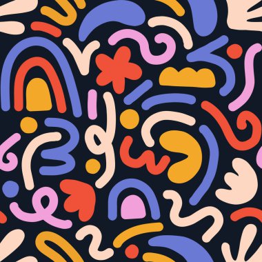 Çok renkli ve soyut şekilli el çizimi çağdaş sanat kolajı. Modern İskandinav kesim elementleriyle vektör kusursuz desen.