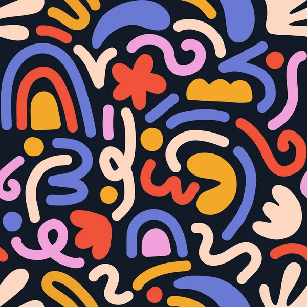 Çok renkli ve soyut şekilli el çizimi çağdaş sanat kolajı. Modern İskandinav kesim elementleriyle vektör kusursuz desen.